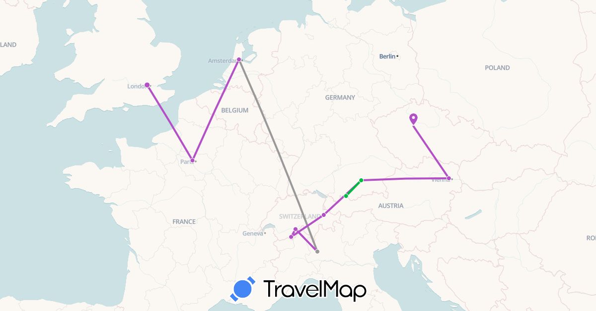 TravelMap itinerary: driving, bus, plane, train in Austria, Switzerland, Czech Republic, Germany, France, United Kingdom, Italy, Netherlands (Europe)
